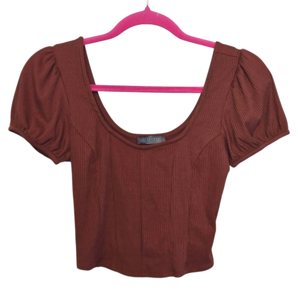 La La Land Ribbed Short Sleeve Cropped Top Sz Small Rust NEW
